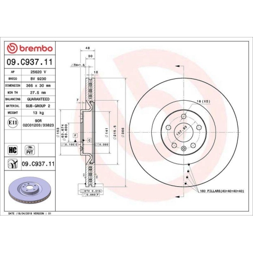 1X Brembo Bremsscheibe Vorderachse Prime Line - Uv Coated f&uuml;r Volvo