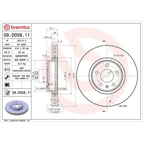 Bremsscheibe Brembo 09.D058.11 Prime Line - Uv Coated f&uuml;r Audi Audi (faw)