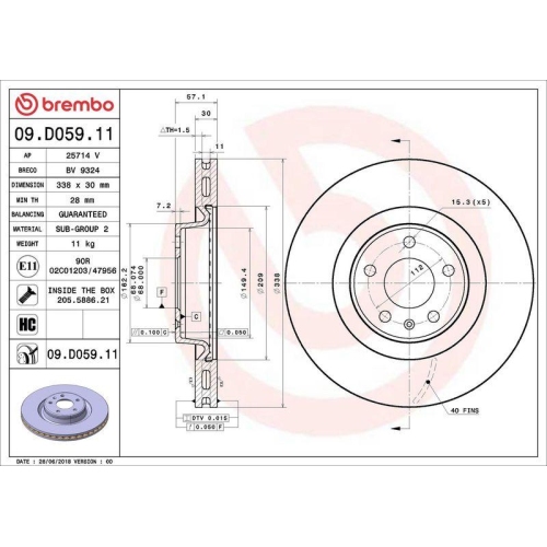 Bremsscheibe Brembo 09.D059.11 Prime Line - Uv Coated f&uuml;r Audi Audi (faw)