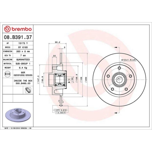 Bremsscheibe Brembo 08.B391.37 Prime Line - With Bearing Kit f&uuml;r Renault