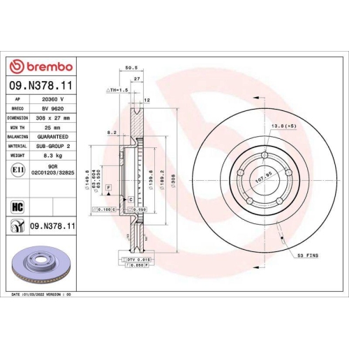 Bremsscheibe Brembo 09.N378.11 Prime Line - Uv Coated f&uuml;r Ford Ford (changan)