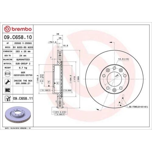 Bremsscheibe Brembo 09.C658.11 Prime Line - Uv Coated f&uuml;r Citro&euml;n Opel Peugeot