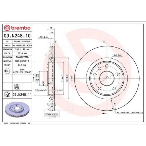 1X Brembo Bremsscheibe Prime Line - Uv Coated f&uuml;r Chrysler Dodge Fiat VW