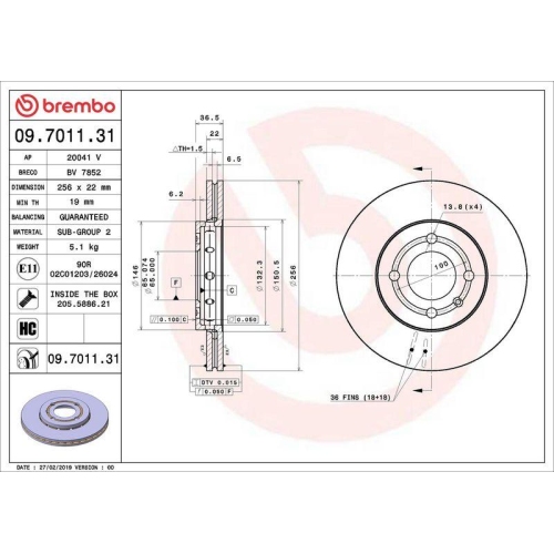 Bremsscheibe Brembo 09.7011.31 Prime Line - Uv Coated f&uuml;r Skoda VW Vorderachse