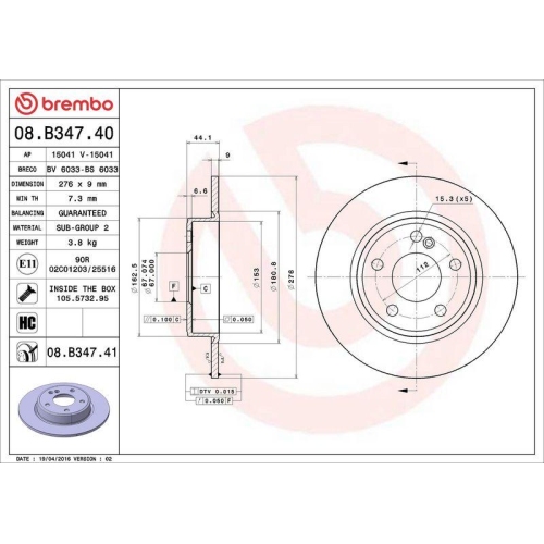 Bremsscheibe Brembo 08.B347.41 Prime Line - Uv Coated für Mercedes Benz