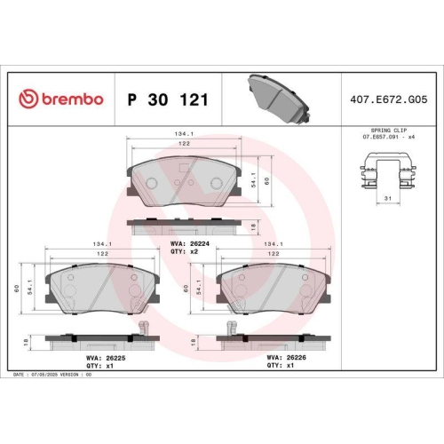 Bremsbelagsatz Scheibenbremse Brembo P30121 Prime Line f&uuml;r Kia Vorderachse