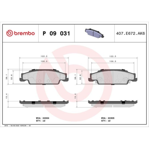 Bremsbelagsatz Scheibenbremse Brembo P09031 Prime Line f&uuml;r Cadillac Hinterachse